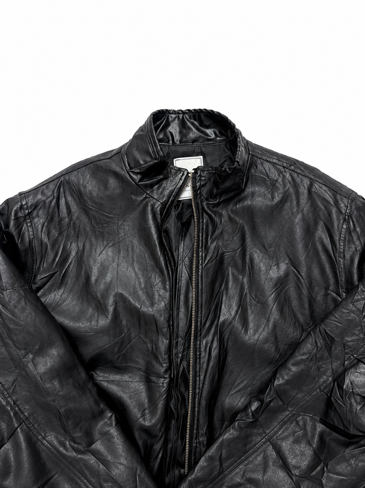 Vintage Unisex Black Leather Bomber Jacket with Zip Closure
