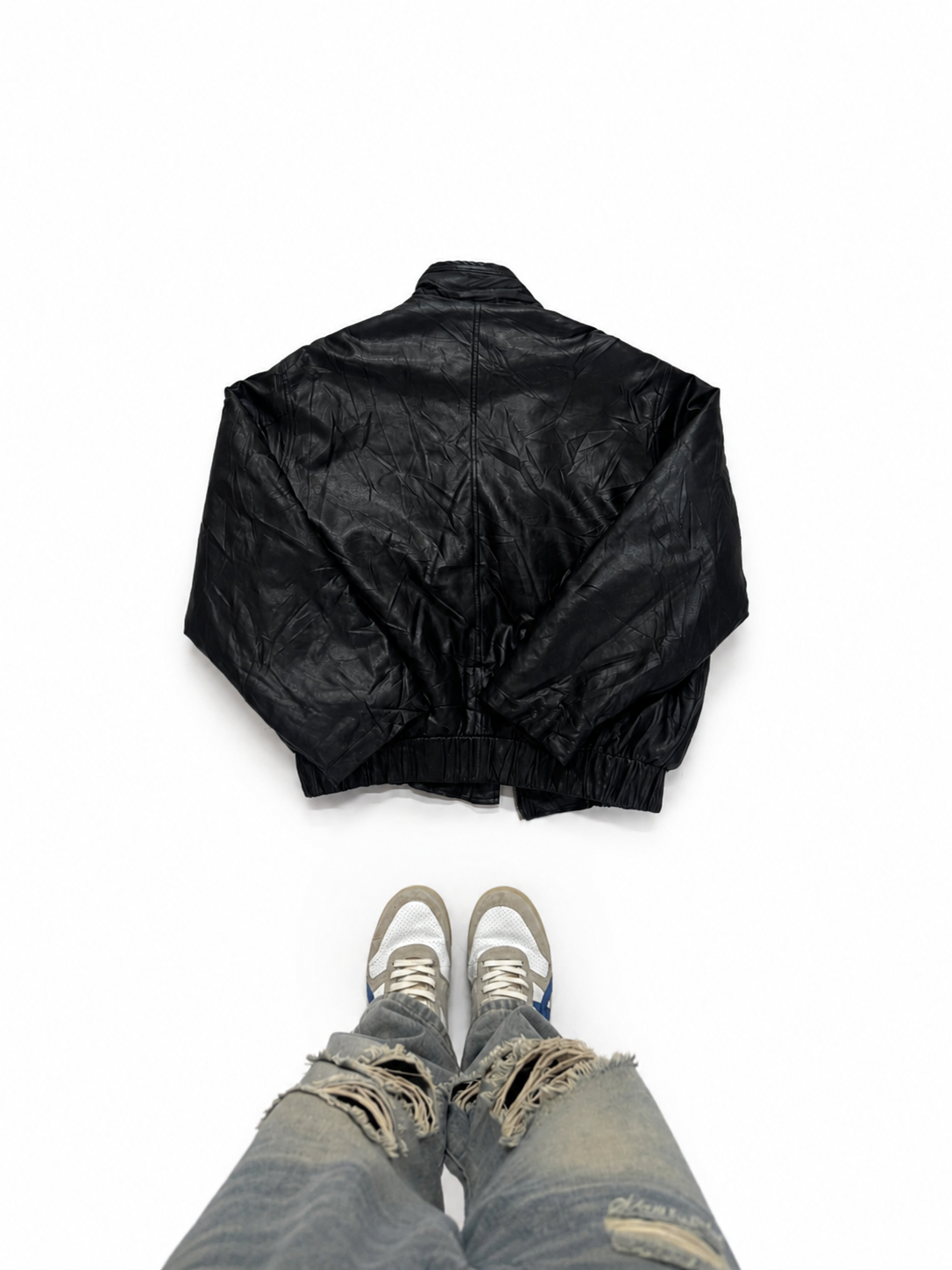 Vintage Black Leather Bomber Jacket with Zip Closure