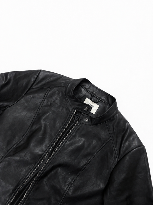 Unisex Black Leather Racer Jacket with Stand Collar