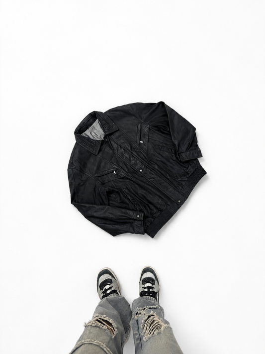 Vintage Unisex Black Leather Bomber Jacket with Utility Zip Pockets