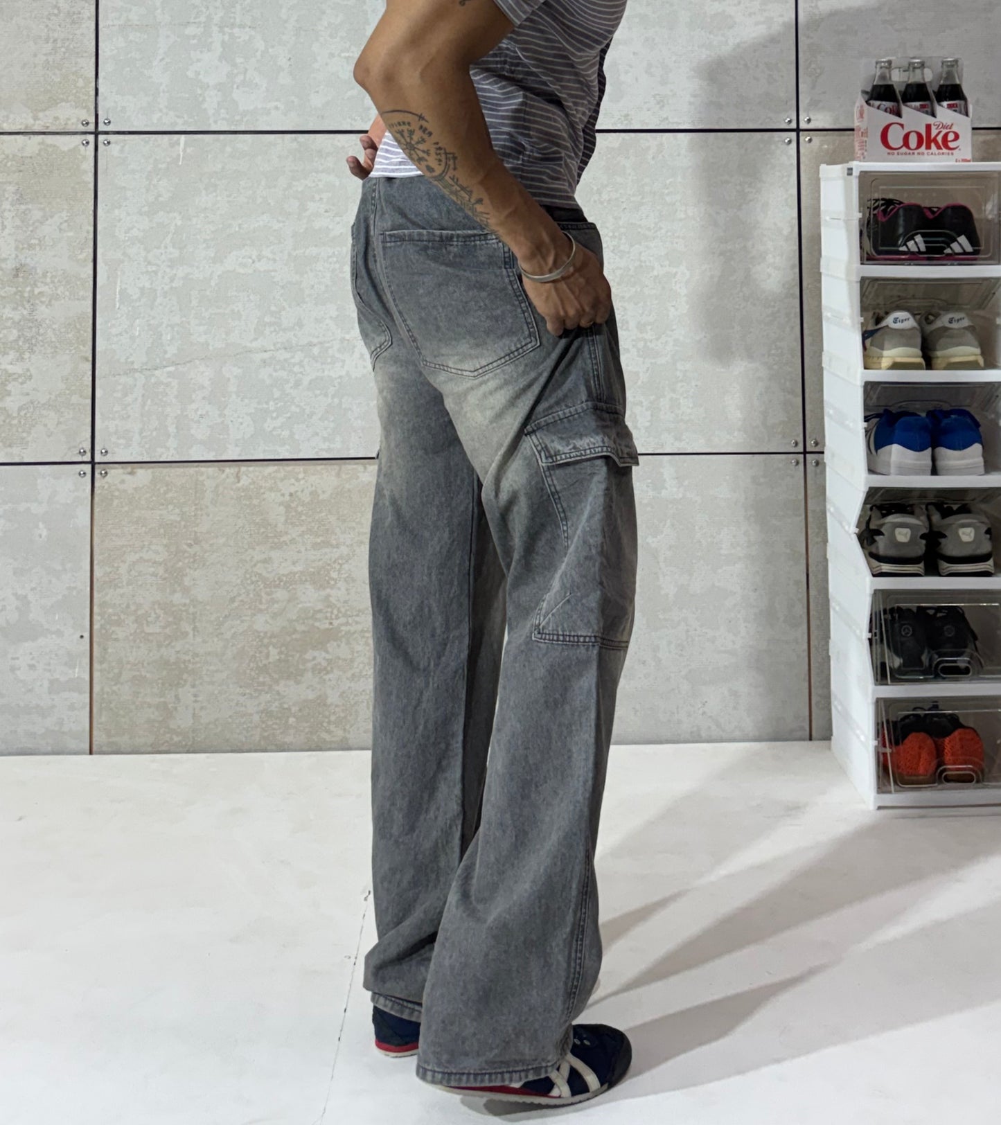 Men's Washed Grey Cargo Wide Leg Denim