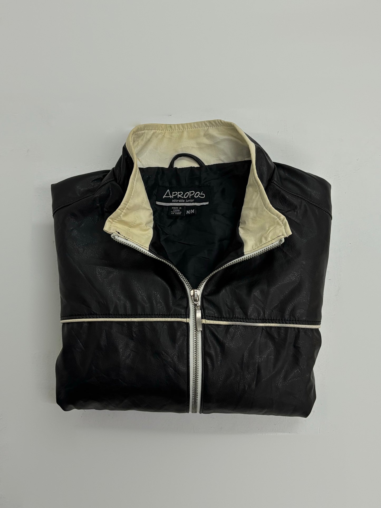 Vintage Unisex Black & Cream Leather Moto Jacket