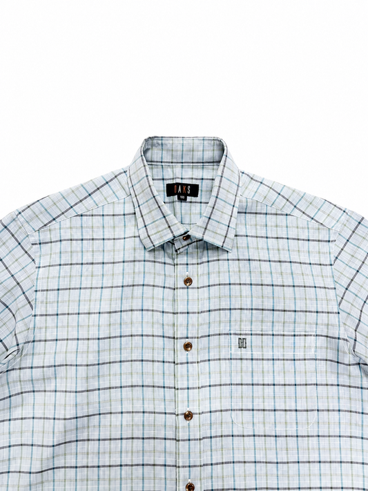 Men's Grey Blue Checkered Short Sleeve Button-Down Shirt