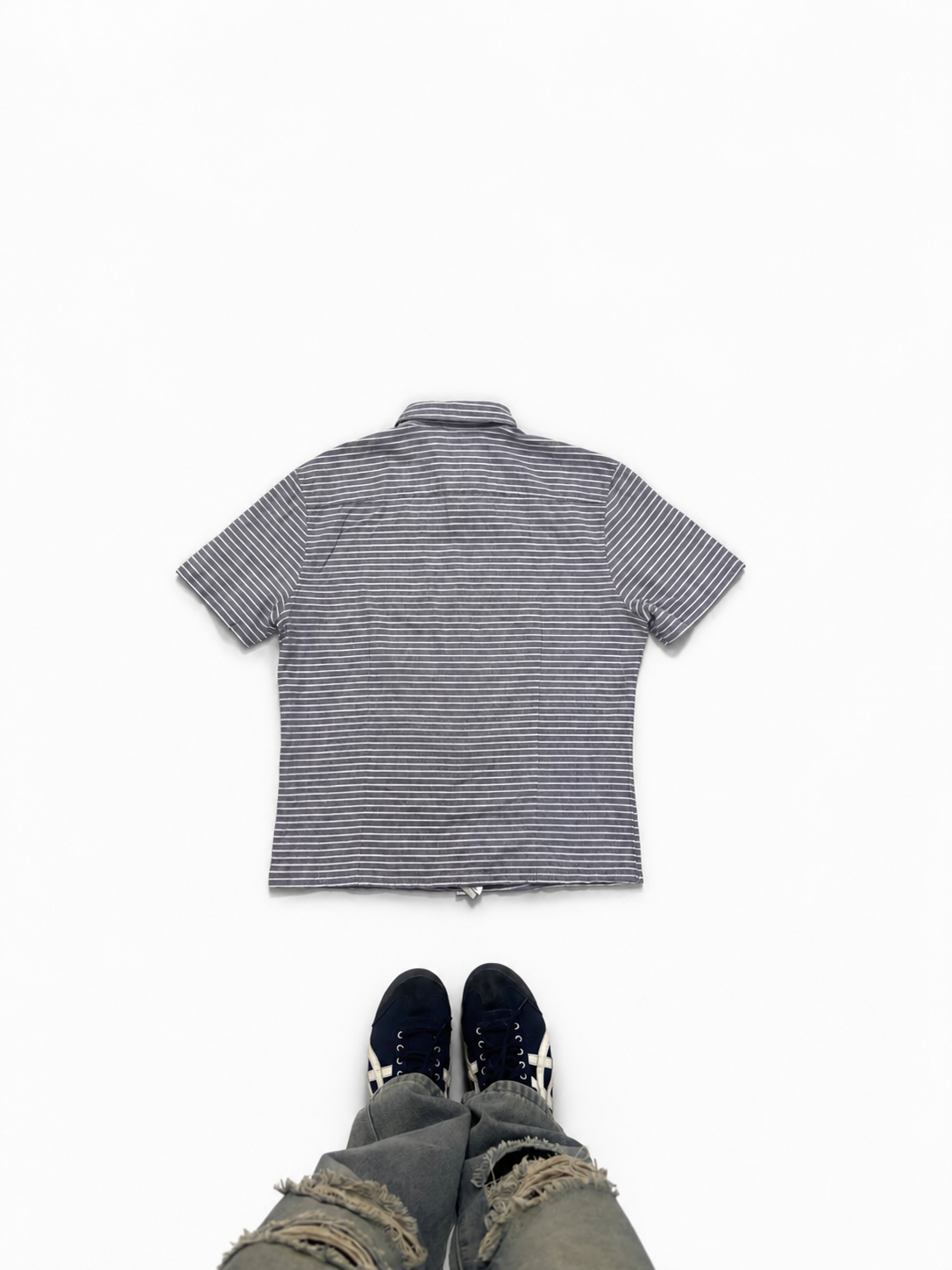 Grey & White Striped Short Sleeve Shirt