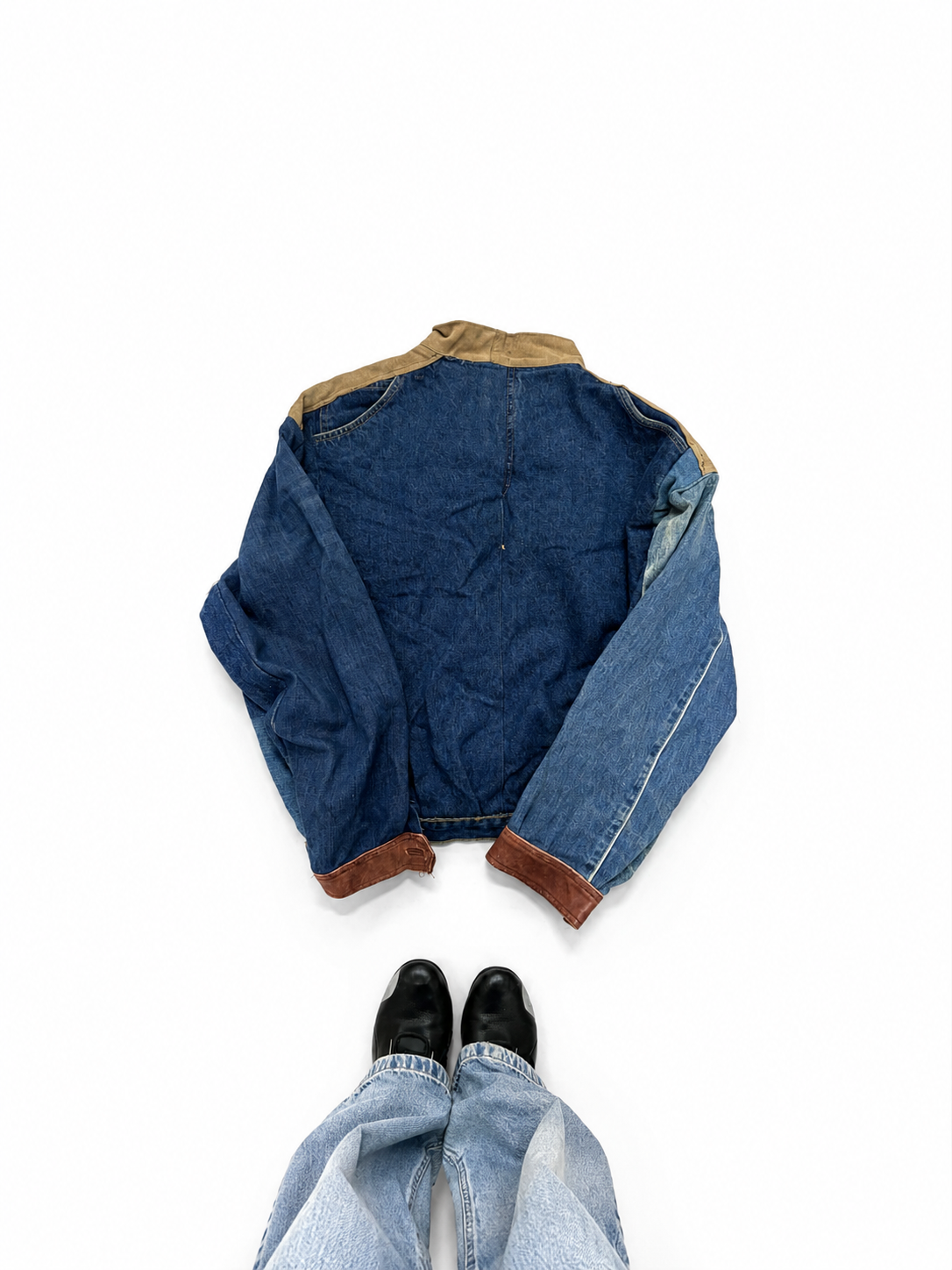 Vintage Unisex Patchwork Denim Utility Jacket with Suede Contrast Panels