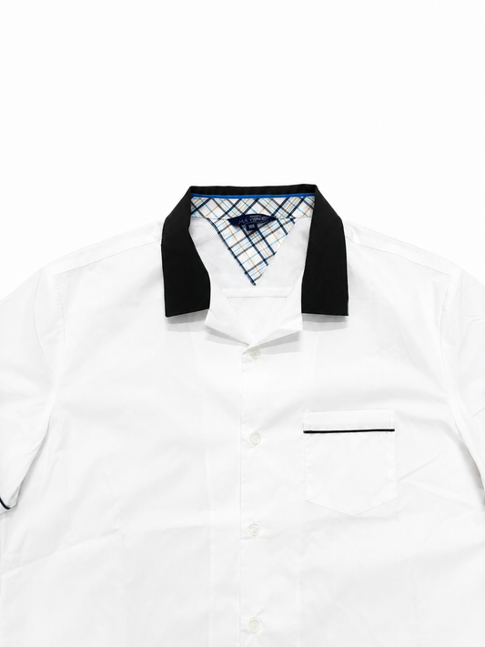 Classic White Short Sleeve Shirt with Contrast Black Collar