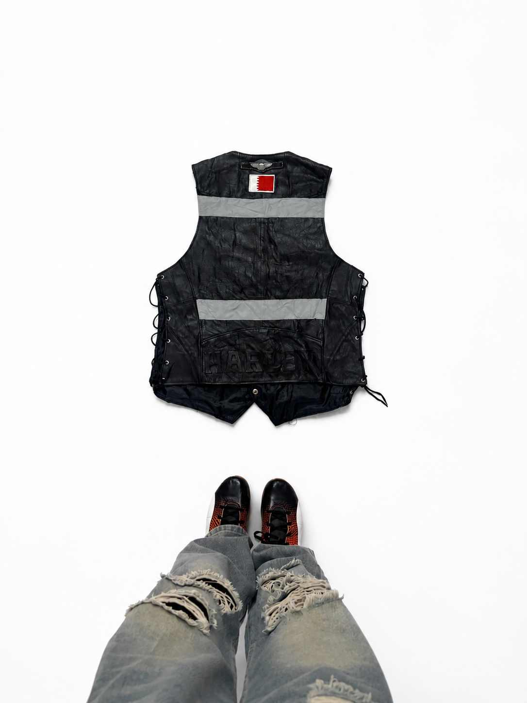Vintage Biker Leather Vest with Embroidered Patches & Side Lace Detail