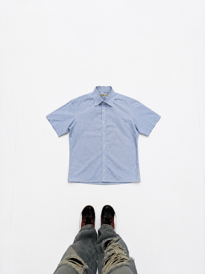 Light Blue Micro-Check Short Sleeve Button-Up Shirt