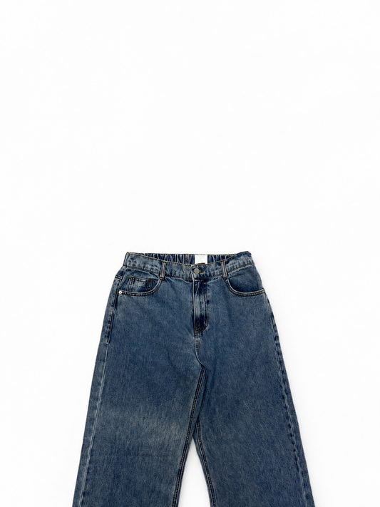 Women's Mid Blue Wide Leg Jeans with Side Slit Hem