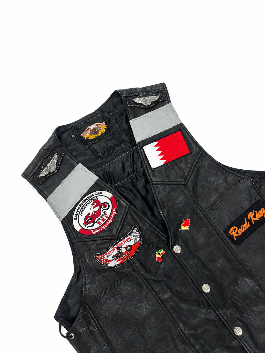 Vintage Biker Leather Vest with Embroidered Patches & Side Lace Detail