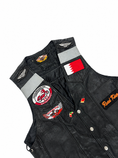 Vintage Biker Leather Vest with Embroidered Patches & Side Lace Detail