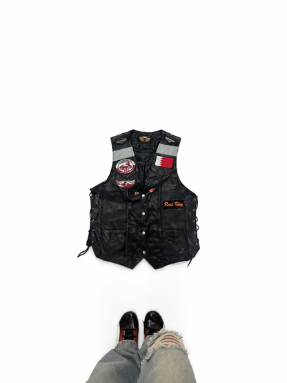 Vintage Unisex Biker Leather Vest with Embroidered Patches & Side Lace Detail