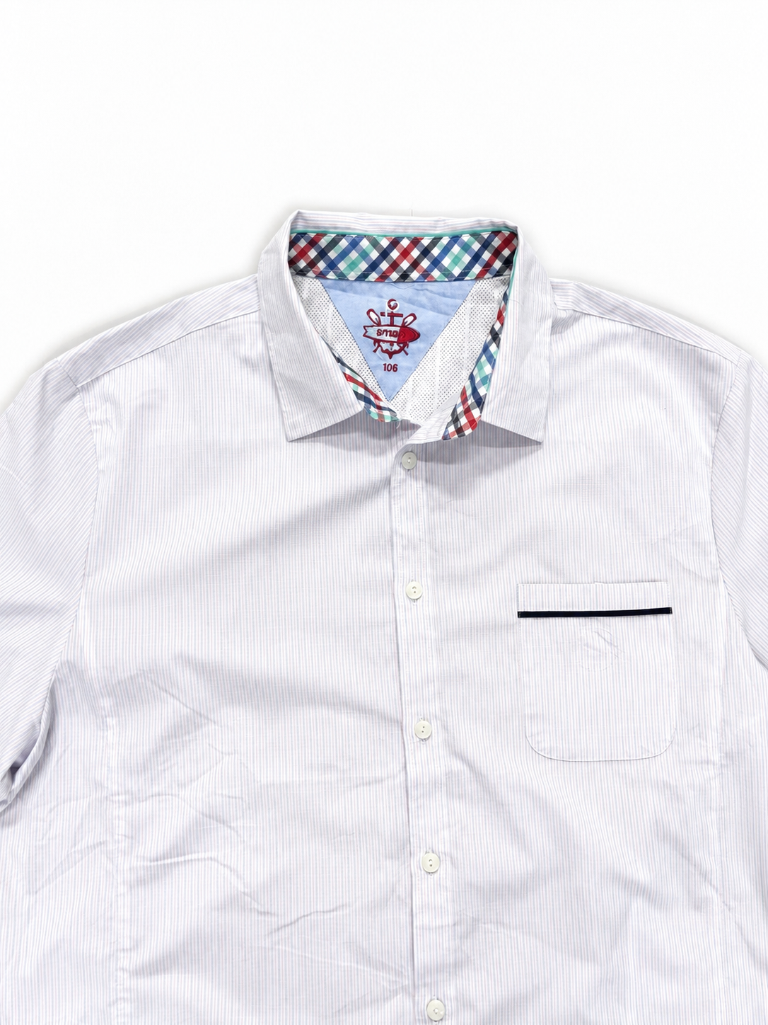 Men's White Pinstripe Short Sleeve Casual Shirt with Contrast Trim