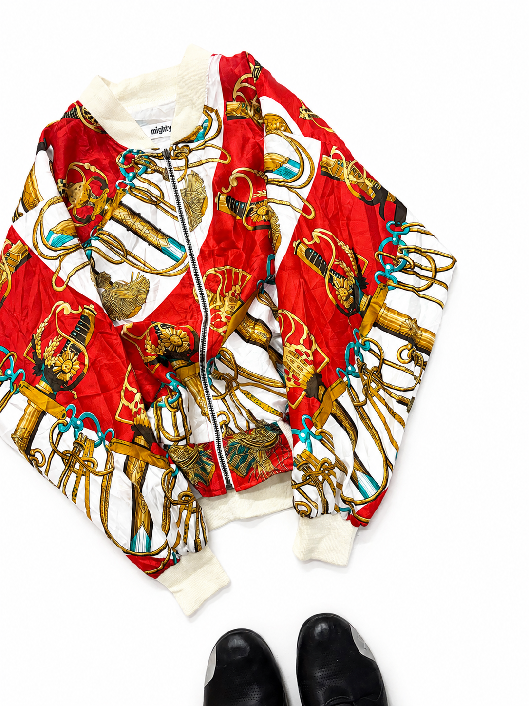 Vintage Unisex Baroque Chain Print Bomber Jacket – Red & White Statement Zip-Up