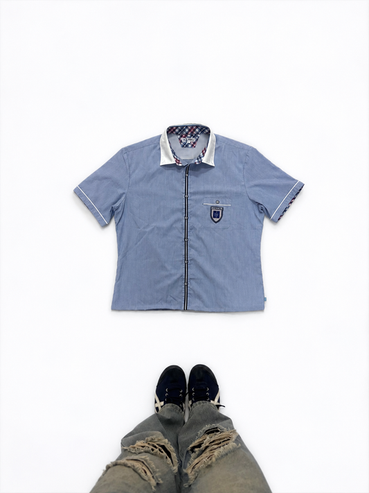 Boys Light Blue Short Sleeve Casual Shirt with Contrast Collar & Crest Pocket Detail