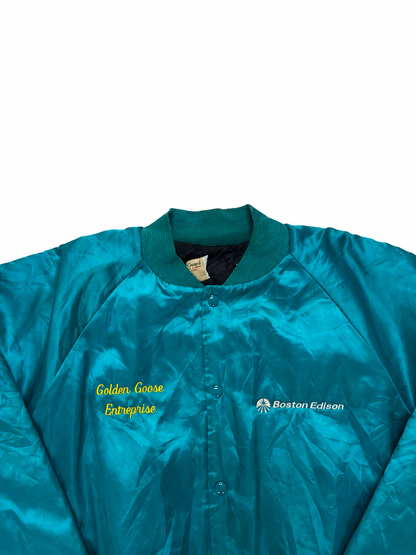 Vintage Teal Satin Bomber Jacket – Embroidered Snap-Front Windbreaker