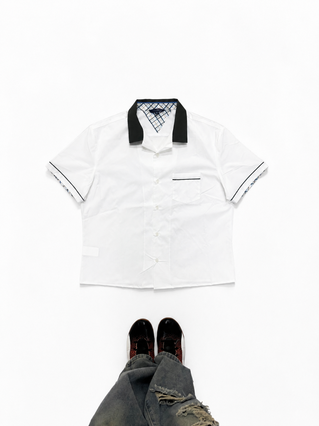Classic White Short Sleeve Shirt with Contrast Black Collar