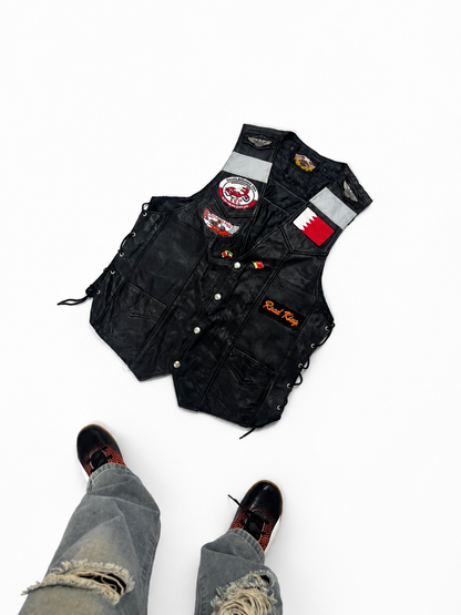 Vintage Biker Leather Vest with Embroidered Patches & Side Lace Detail
