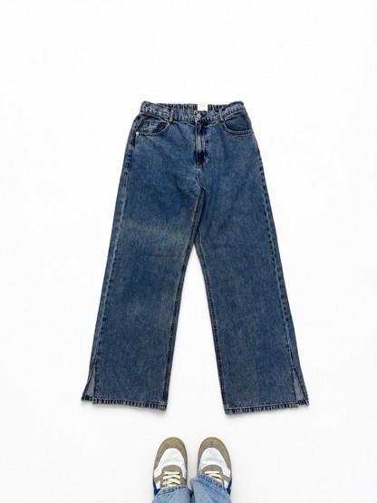 Women's Mid Blue Wide Leg Jeans with Side Slit Hem