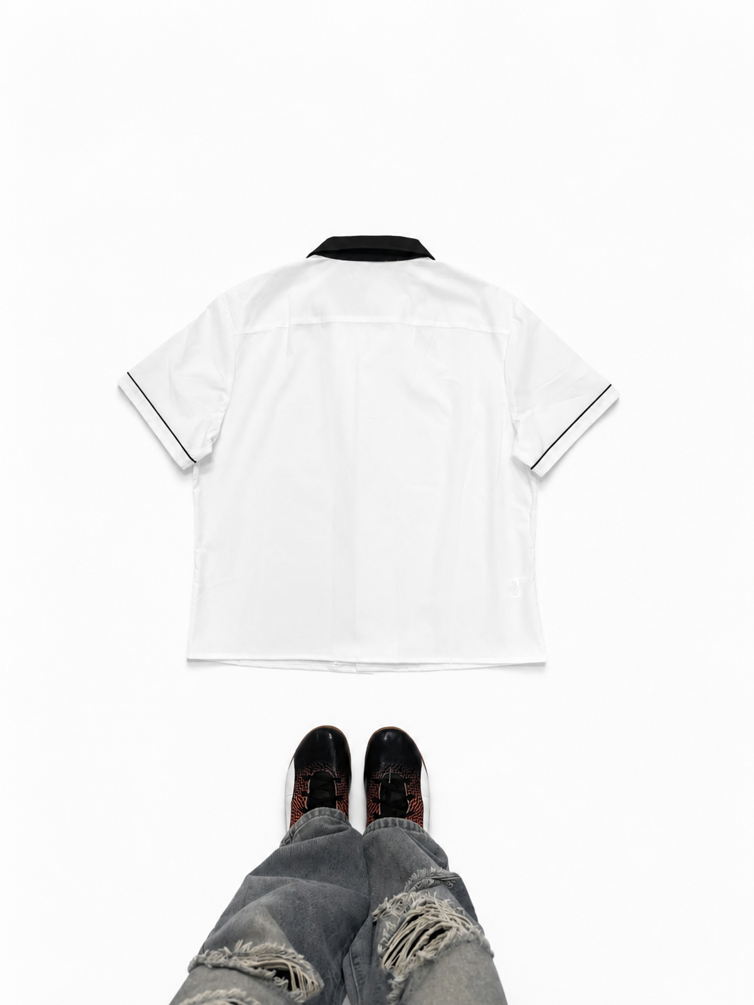 Classic White Short Sleeve Shirt with Contrast Black Collar