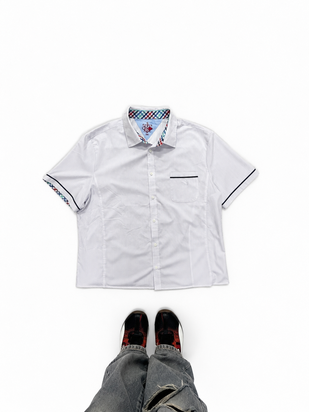 Men's White Pinstripe Short Sleeve Casual Shirt with Contrast Trim