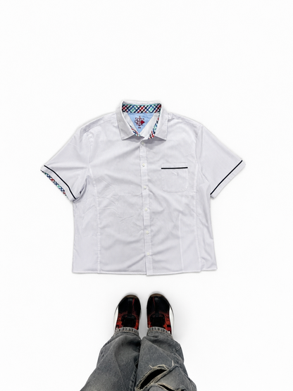 Men's White Pinstripe Short Sleeve Casual Shirt with Contrast Trim