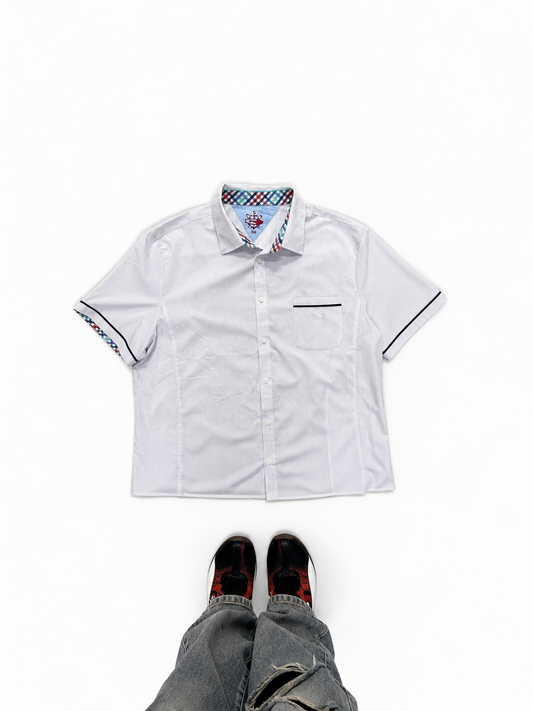 Men's White Pinstripe Short Sleeve Casual Shirt with Contrast Trim