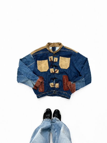 Vintage Unisex Patchwork Denim Utility Jacket with Suede Contrast Panels