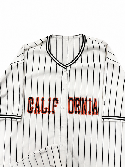 California Pinstripe Baseball Jersey Shirt – White & Black Oversized Button-Up