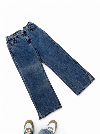 Women's Mid Blue Wide Leg Jeans with Side Slit Hem