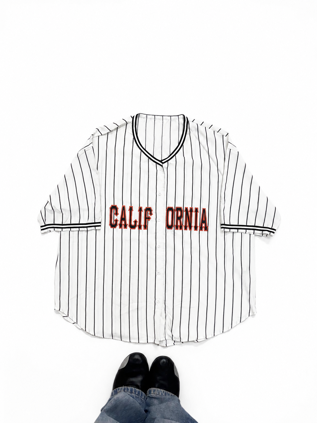 California Pinstripe Baseball Jersey Shirt – White & Black Oversized Button-Up