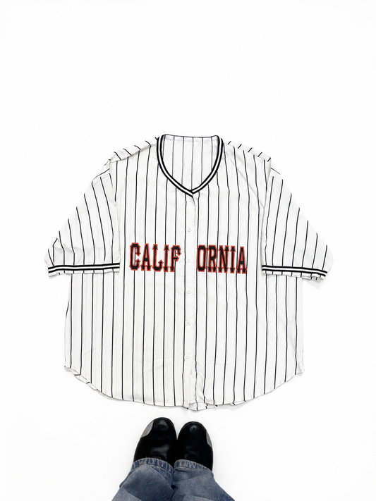 California Pinstripe Baseball Jersey Shirt – White & Black Oversized Button-Up