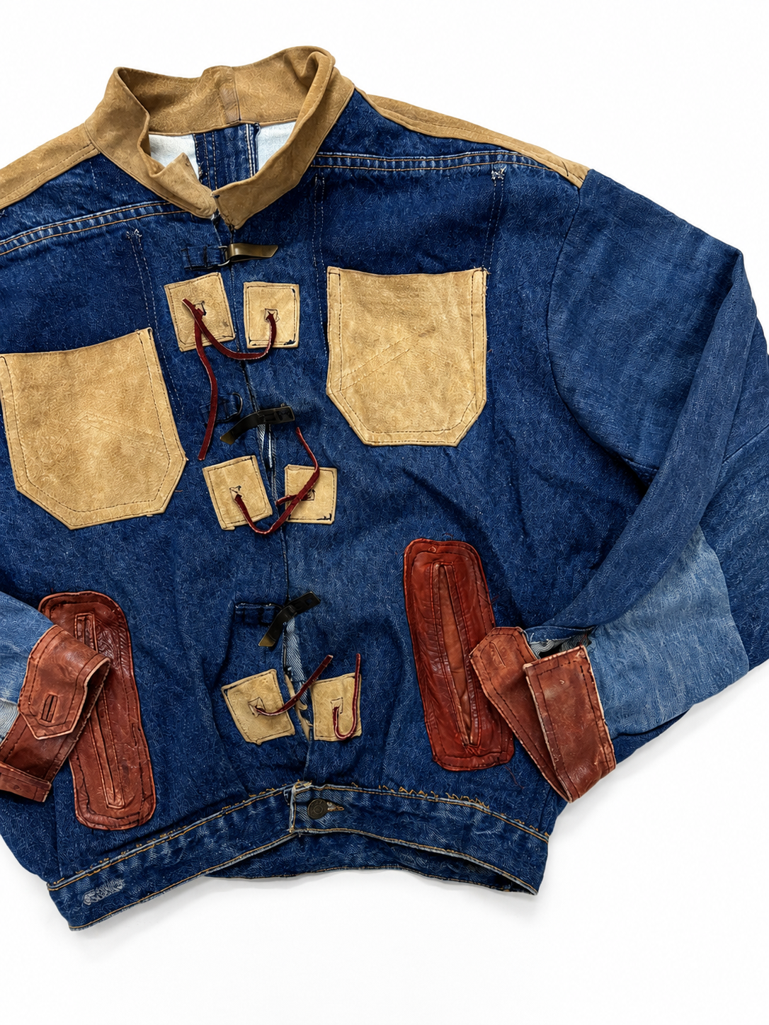 Vintage Unisex Patchwork Denim Utility Jacket with Suede Contrast Panels