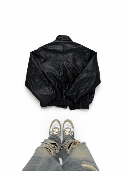 Vintage Black Leather Bomber Jacket with Zip Closure