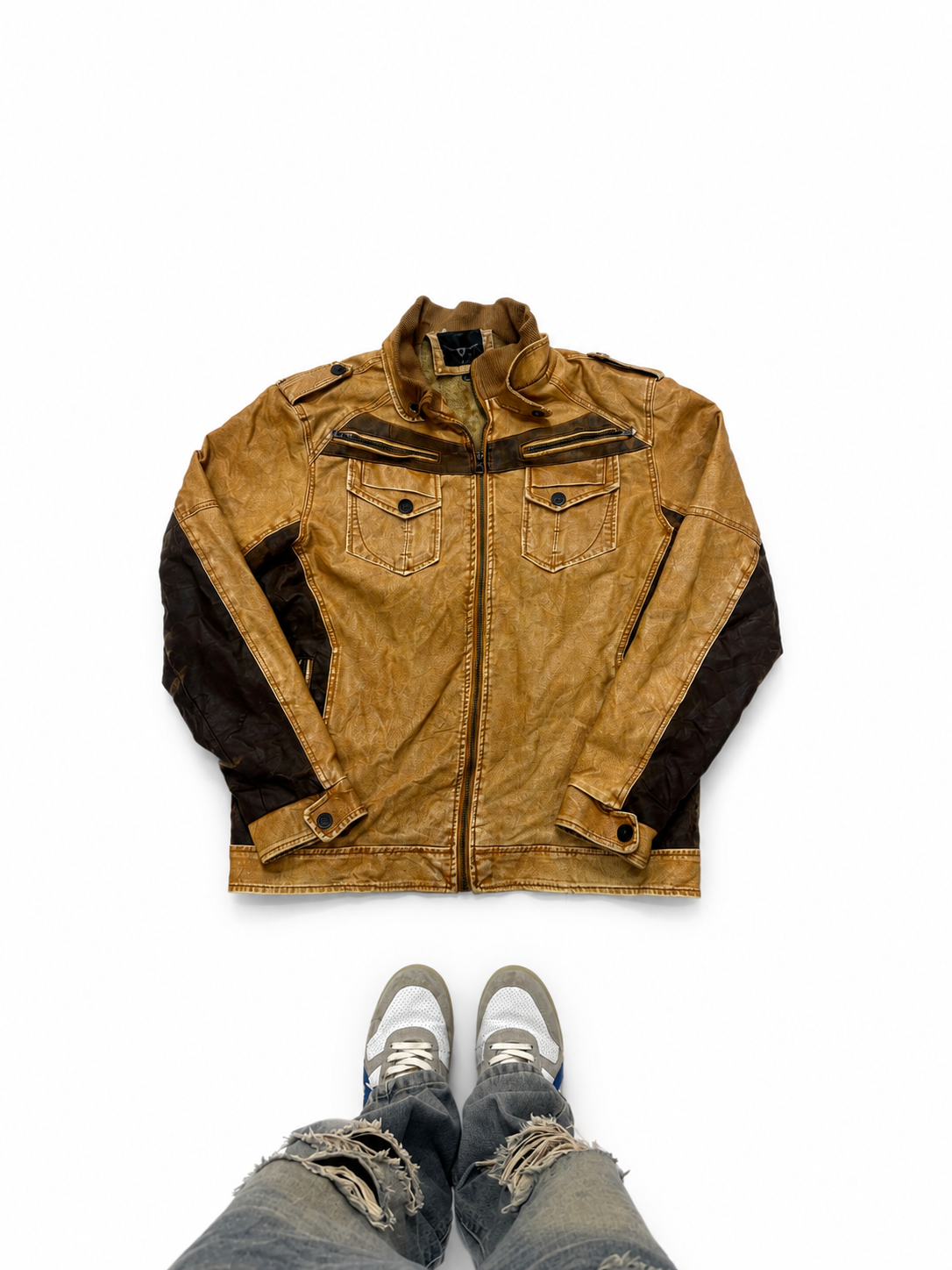 Men’s Vintage Tan Moto Leather Jacket with Contrast Panels