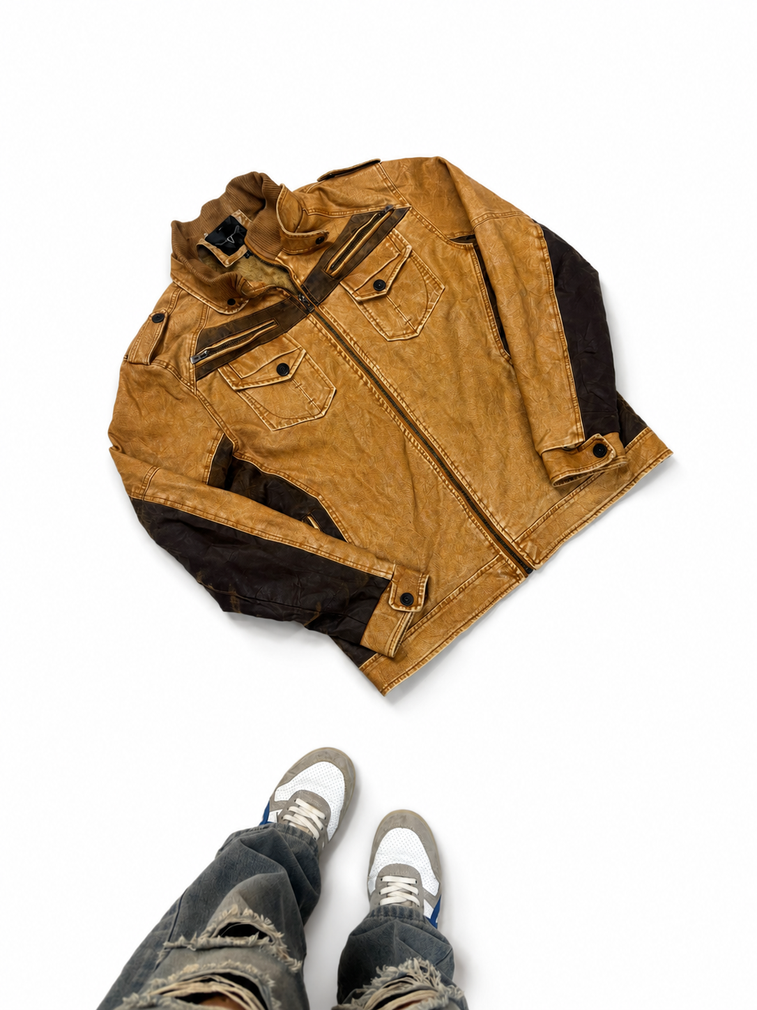 Men’s Vintage Tan Moto Leather Jacket with Contrast Panels