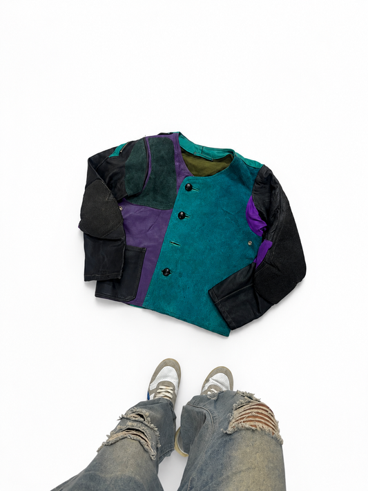Vintage Unisex Colorblock Leather Jacket – Teal, Purple & Black Retro Statement Jacket