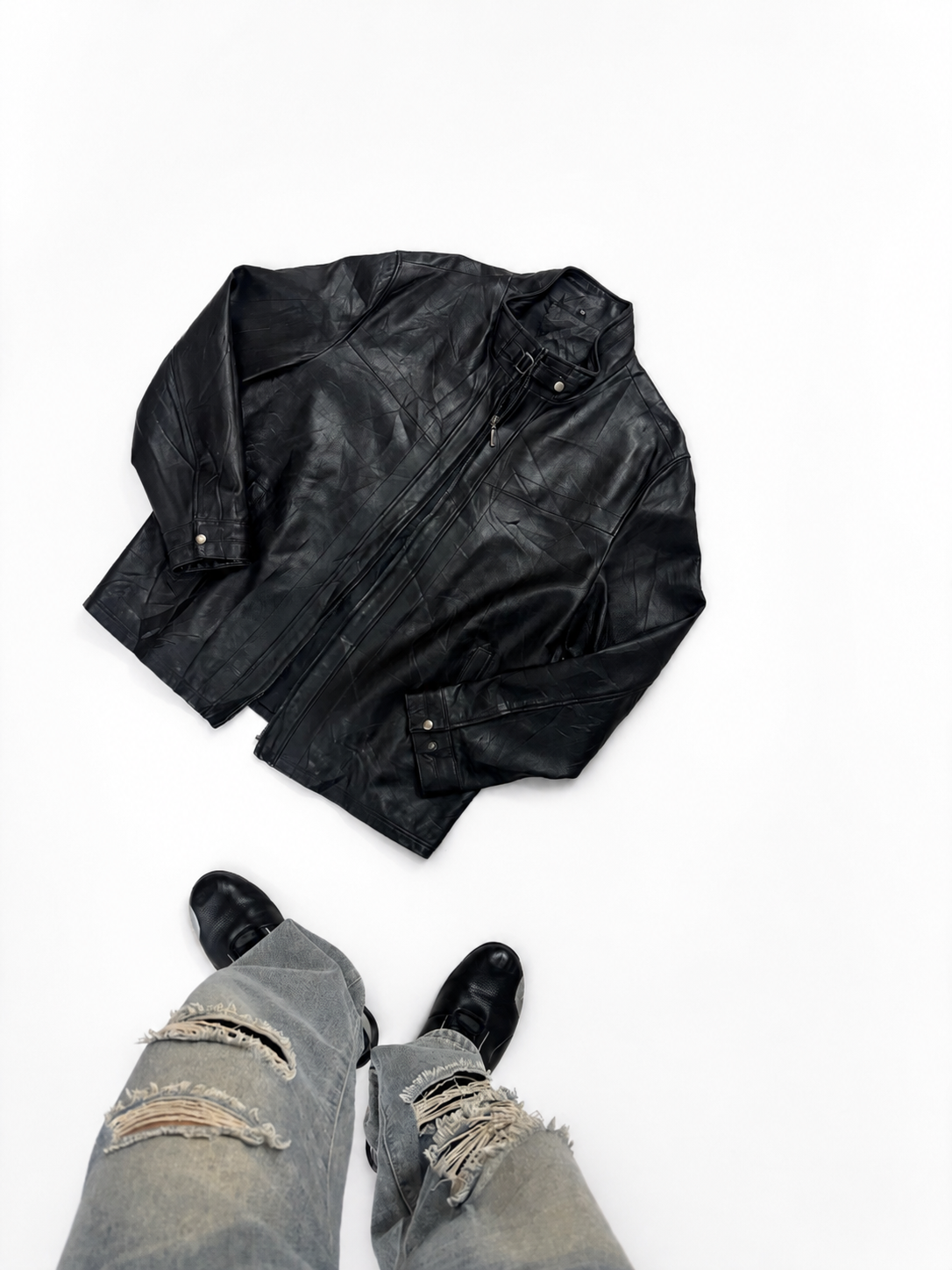 Men’s Black Moto Leather Jacket with Buckle Collar