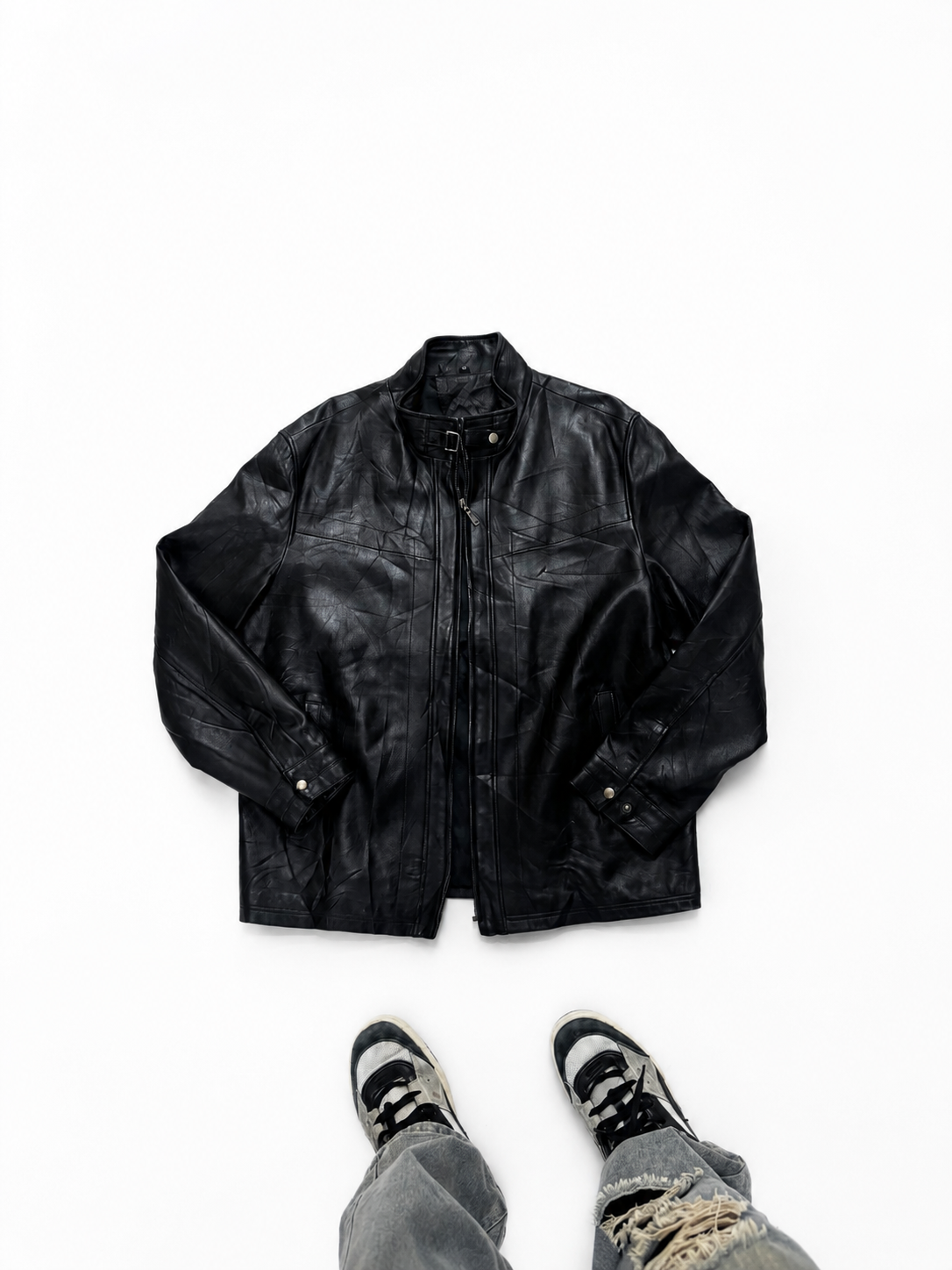 Men’s Black Moto Leather Jacket with Buckle Collar