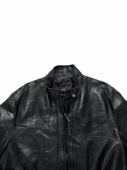 Men’s Black Moto Leather Jacket with Buckle Collar
