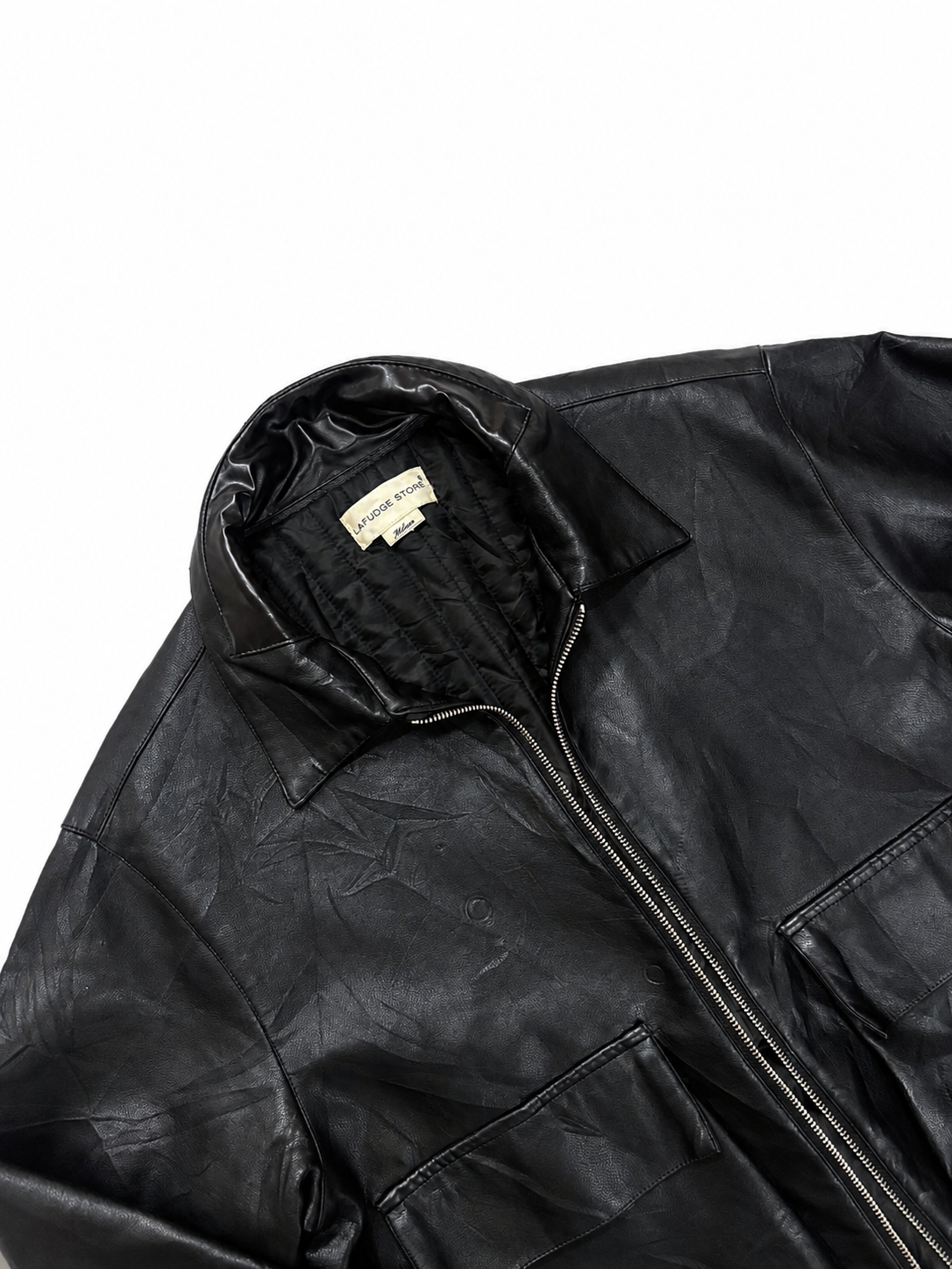 Black Leather Zip-Up Jacket with Utility Pockets