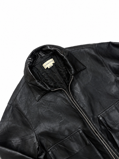 Black Leather Zip-Up Jacket with Utility Pockets