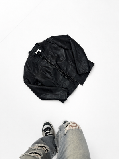 Men’s Black Leather Racer Jacket with Stand Collar