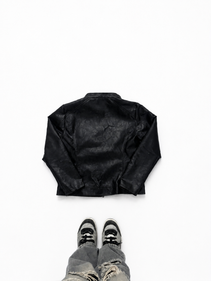 Men’s Black Leather Racer Jacket with Stand Collar