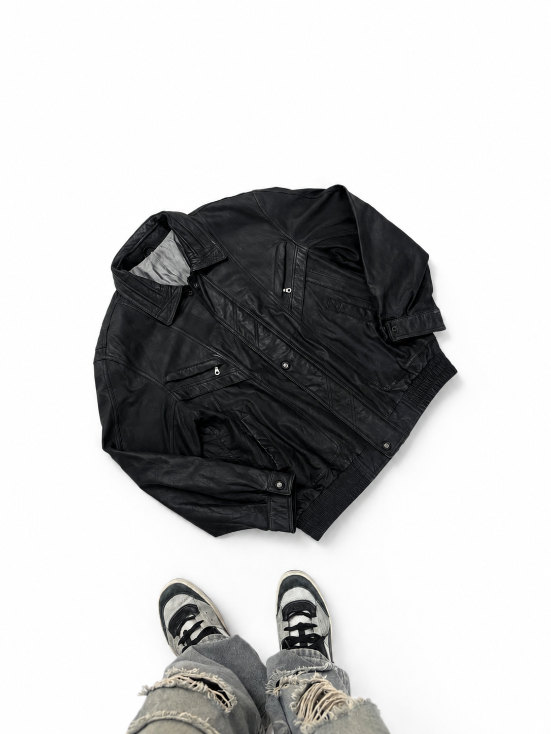 Vintage Black Leather Bomber Jacket with Utility Zip Pockets