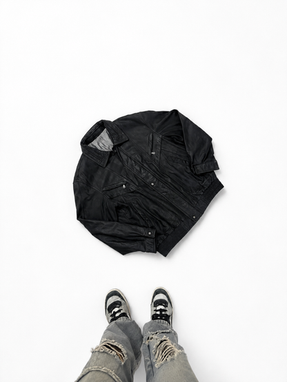 Vintage Black Leather Bomber Jacket with Utility Zip Pockets