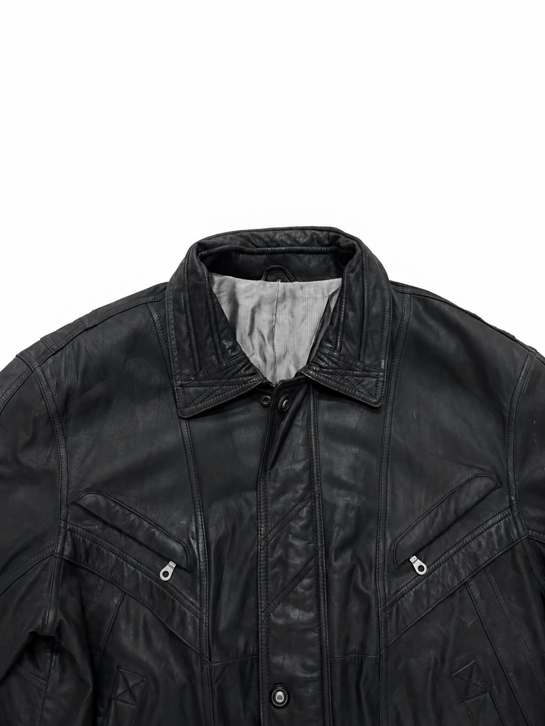 Vintage Black Leather Bomber Jacket with Utility Zip Pockets