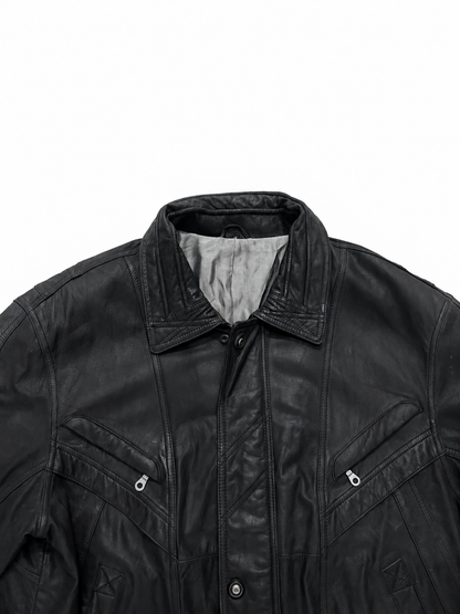 Vintage Black Leather Bomber Jacket with Utility Zip Pockets