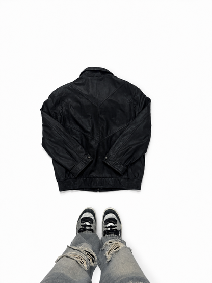 Vintage Black Leather Bomber Jacket with Utility Zip Pockets