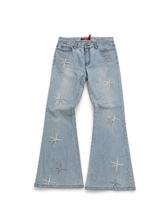 Women's Vintage Light Wash Embroidered Flared Denim